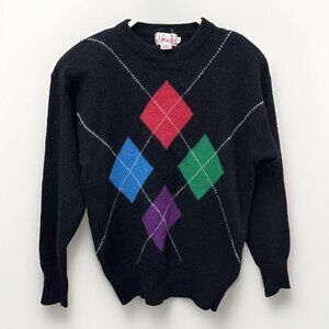 Vtg Rafaella‎ Womens Sweater Black S Argyle Angora Lambswool 80s Shoulder Pads